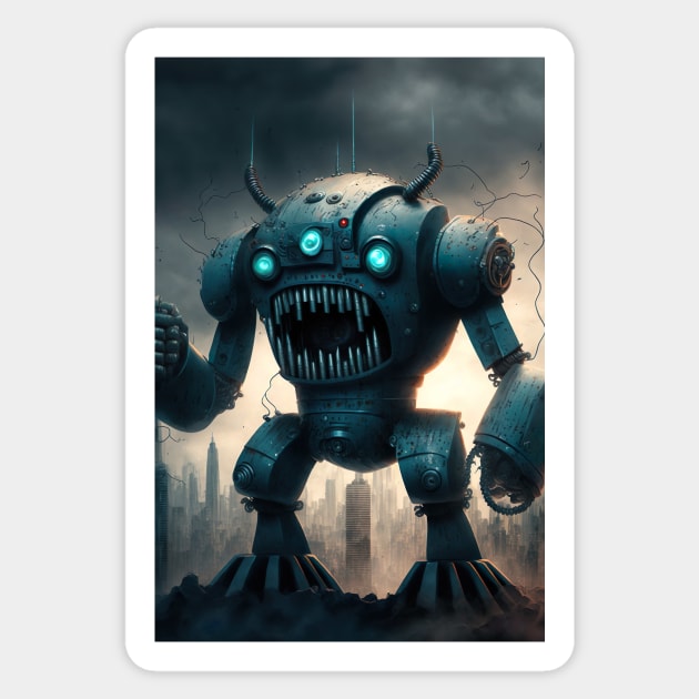 Alien Monster giant robot cyborg attacking the city Sticker by KoolArtDistrict